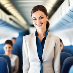 A confident and attractive air hostess in a stylish and form-fitting uniform, standing in the aisle of a modern airplane