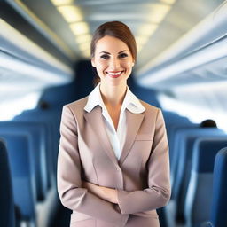 A confident and attractive air hostess in a stylish and form-fitting uniform, standing in the aisle of a modern airplane