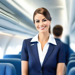 A confident and attractive air hostess in a stylish and form-fitting uniform, standing in the aisle of a modern airplane