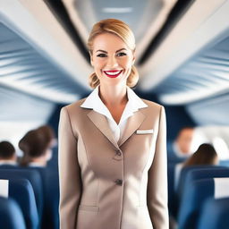 A confident and attractive air hostess in a stylish and form-fitting uniform, standing in the aisle of a modern airplane