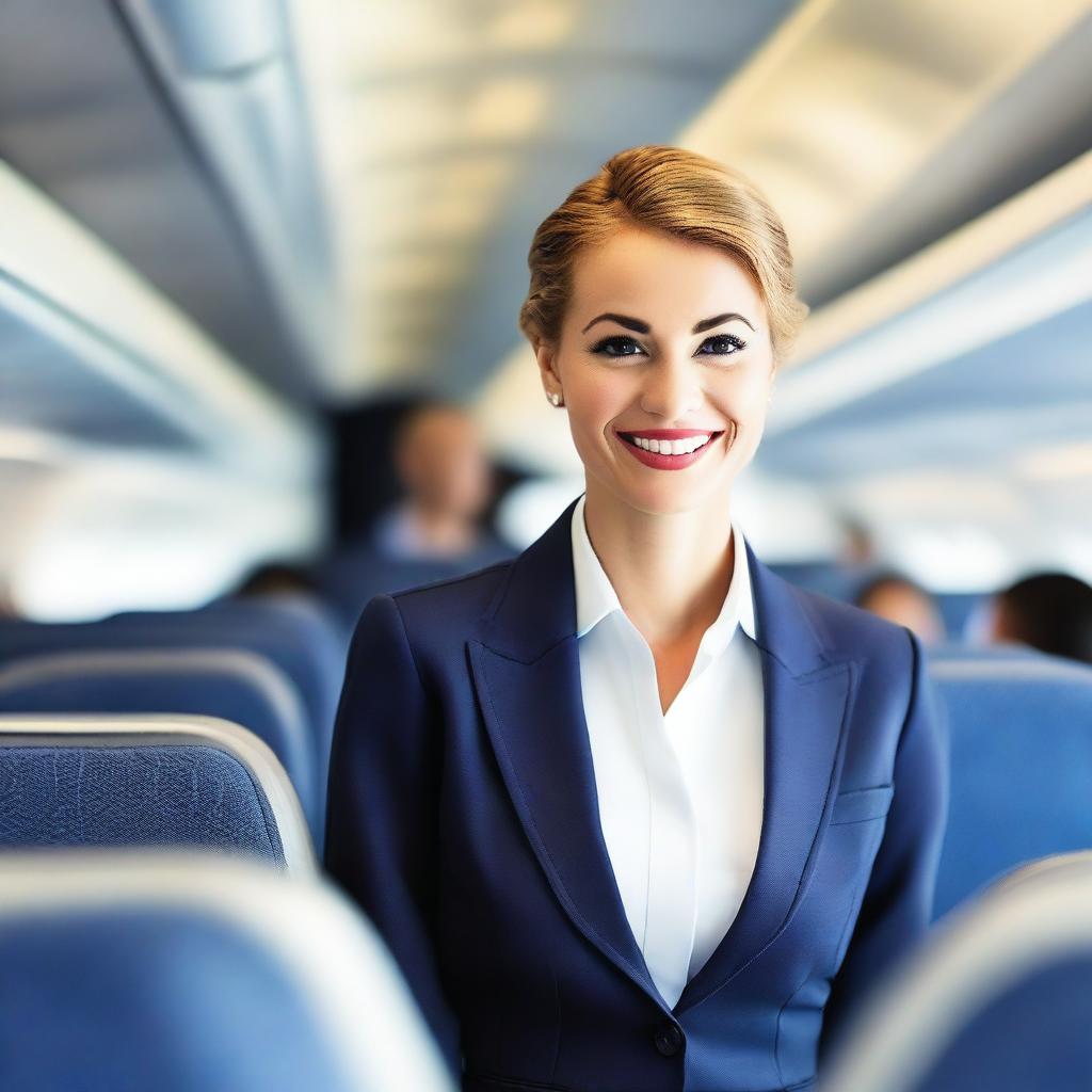 A confident and attractive air hostess wearing a stylish uniform that includes a prominently designed bra, standing in the aisle of a modern airplane