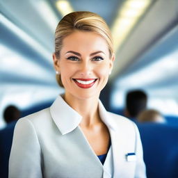 A confident and attractive air hostess wearing a stylish uniform that includes a prominently designed bra, standing in the aisle of a modern airplane