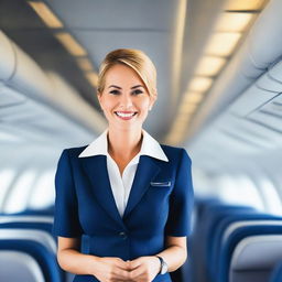 A confident and attractive air hostess wearing a stylish uniform that includes a prominently designed bra, standing in the aisle of a modern airplane