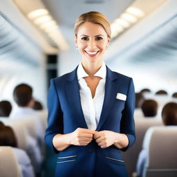 A confident and attractive air hostess wearing a stylish uniform that includes a prominently designed bra, standing in the aisle of a modern airplane