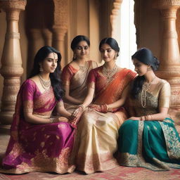 A group of Indian girls wearing beautifully adorned sarees, sitting on a bed