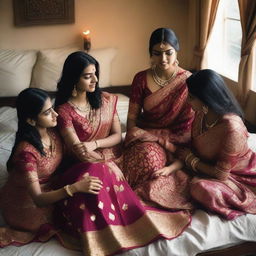 A group of Indian girls wearing beautifully adorned sarees, sitting on a bed