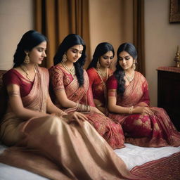 A group of Indian girls wearing beautifully adorned sarees, sitting on a bed