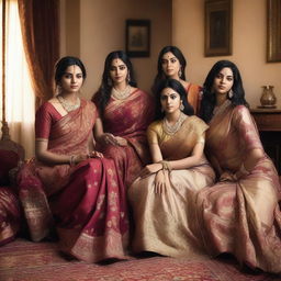 A group of Indian girls wearing beautifully adorned sarees, sitting on a bed