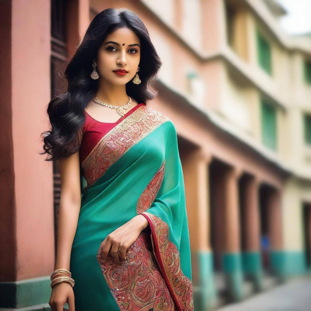 An Indian girl wearing a bold and stylish saree, standing confidently