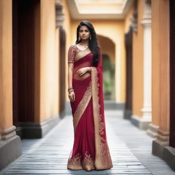 An Indian girl wearing a bold and stylish saree, standing confidently