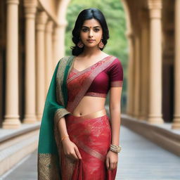 An Indian girl wearing a bold and stylish saree, standing confidently