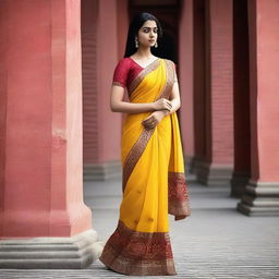 An Indian girl wearing a bold and stylish saree, standing confidently