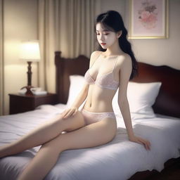 A tasteful and elegant depiction of a girl wearing a bra and panties, sitting on a bed