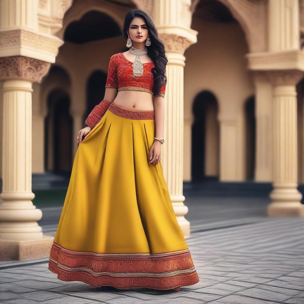 A confident and stylish Indian girl dressed in bold, fashionable attire