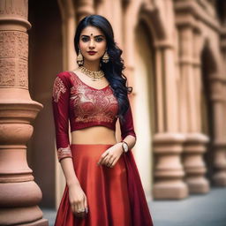 A confident and stylish Indian girl dressed in bold, fashionable attire