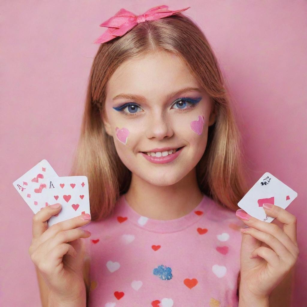 A girl, decked in lively colors, holding playing cards. Each card is distinctly marked with the word 'Barbie'.