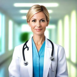 A depiction of a confident and professional female doctor in a stylish but appropriate outfit, with a focus on her medical role