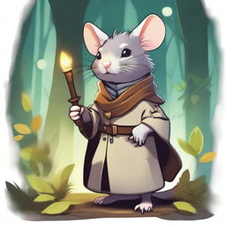 A cute Dungeons & Dragons-themed rat with fluffy fur, wearing a trench coat