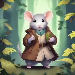 A cute Dungeons & Dragons-themed rat with fluffy fur, wearing a trench coat