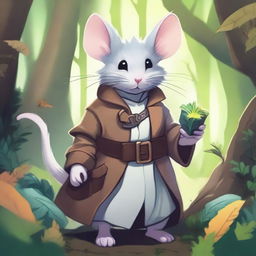 A cute Dungeons & Dragons-themed rat with fluffy fur, wearing a trench coat