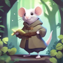 A cute Dungeons & Dragons-themed rat with fluffy fur, wearing a trench coat