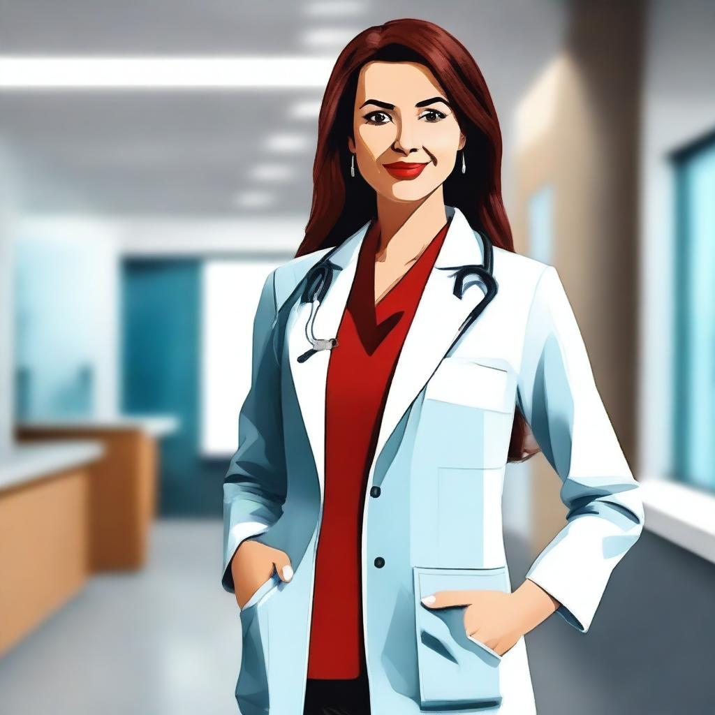 A confident and stylish female doctor dressed in bold, fashionable attire that emphasizes her professionalism and elegance