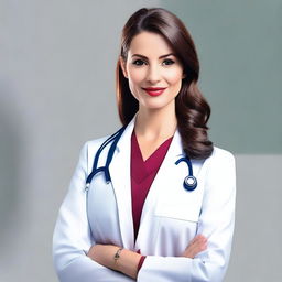 A confident and stylish female doctor dressed in bold, fashionable attire that emphasizes her professionalism and elegance