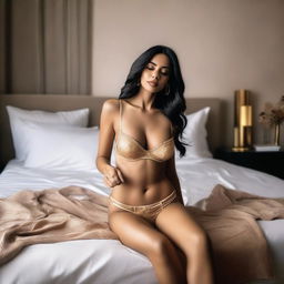 A stylish and confident woman wearing a gold bra, sitting on a bed in a modern and chic bedroom