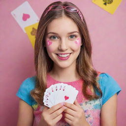 A girl, decked in lively colors, holding playing cards. Each card is distinctly marked with the word 'Barbie'.