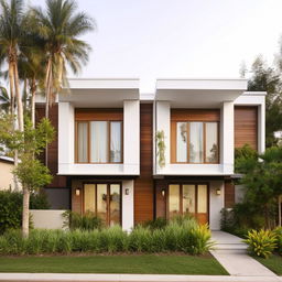 A 35*34 square feet duplex house exterior with a modern design. Features large windows, neutral colors, and vibrant landscaping.