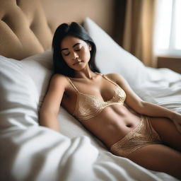 A serene scene featuring a woman wearing a gold bra, peacefully sleeping on a bed in a modern and elegantly decorated bedroom