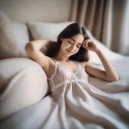 A peaceful scene featuring a girl in a delicate babydoll nightgown, sleeping comfortably in bed