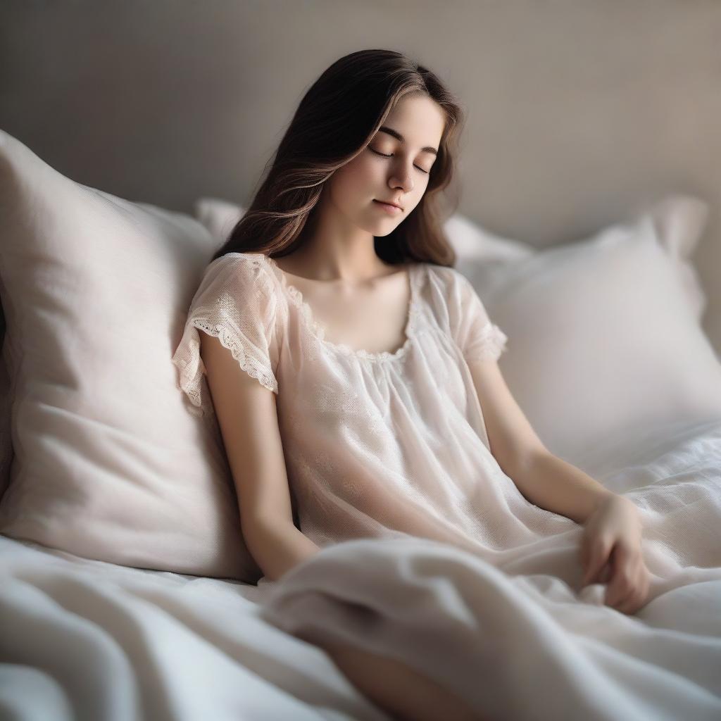 A peaceful scene featuring a girl in a delicate babydoll nightgown, sleeping comfortably in bed