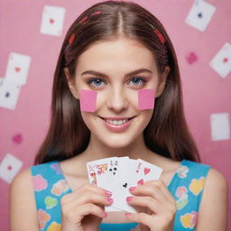 A girl, decked in lively colors, holding playing cards. Each card is distinctly marked with the word 'Barbie'.