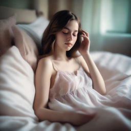 A peaceful scene featuring a girl in a delicate babydoll nightgown, sleeping comfortably in bed