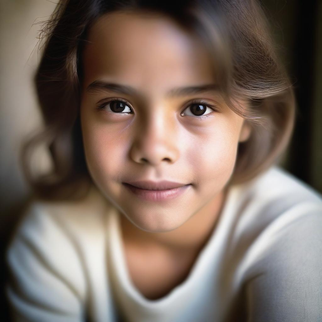 A close-up, intimate portrait of a girl with a soft and gentle expression, captured in warm, natural lighting.