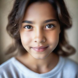 A close-up, intimate portrait of a girl with a soft and gentle expression, captured in warm, natural lighting.