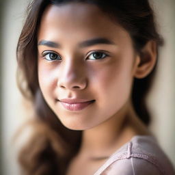 A close-up, intimate portrait of a girl with a soft and gentle expression, captured in warm, natural lighting.