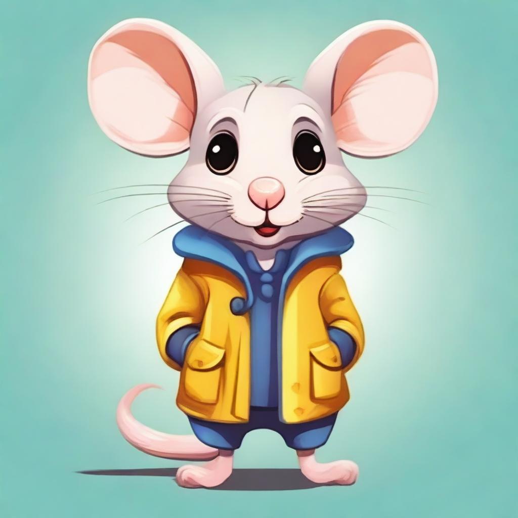 A cute cartoon rat wearing a stylish coat, standing on its hind legs with a friendly expression