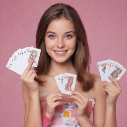 A girl, decked in lively colors, holding playing cards. Each card is distinctly marked with the word 'Barbie'.