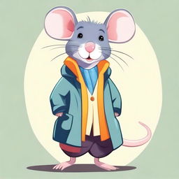 A cute cartoon rat wearing a stylish coat, standing on its hind legs with a friendly expression