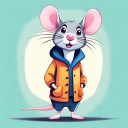 A cute cartoon rat wearing a stylish coat, standing on its hind legs with a friendly expression