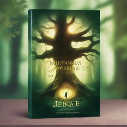 Create a captivating book cover featuring a mystical forest with an ancient, glowing tree at the center