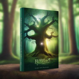 Create a captivating book cover featuring a mystical forest with an ancient, glowing tree at the center