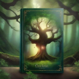 Create a captivating book cover featuring a mystical forest with an ancient, glowing tree at the center