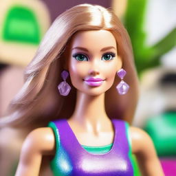 A Barbie character named Eleonora, white race, with a tan, big upturned green eyes, and a small mole on her cheek