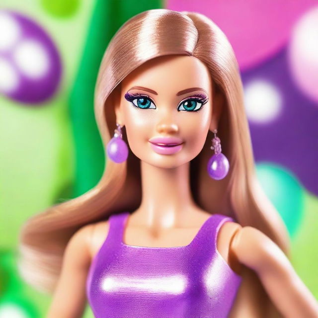 A Barbie character named Eleonora, white race, with a tan, big upturned green eyes, and a small mole on her cheek