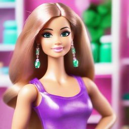 A Barbie character named Eleonora, white race, with a tan, big upturned green eyes, and a small mole on her cheek