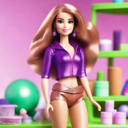 A Barbie character named Eleonora, who is white with a tan, has big upturned green eyes, a small mole on her cheek, and long straight brunette hair