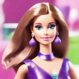 A Barbie character named Eleonora, who is white with a tan, has big upturned green eyes, a small mole on her cheek, and long straight brunette hair